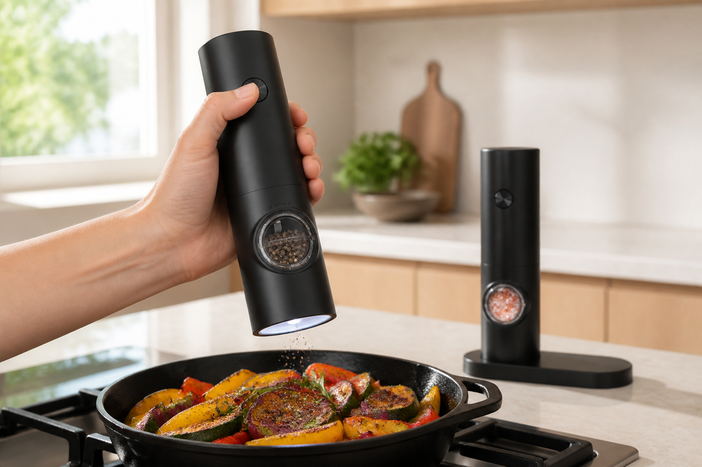 One-handed DuoMill pepper grinder seasoning roasted vegetables on a stovetop