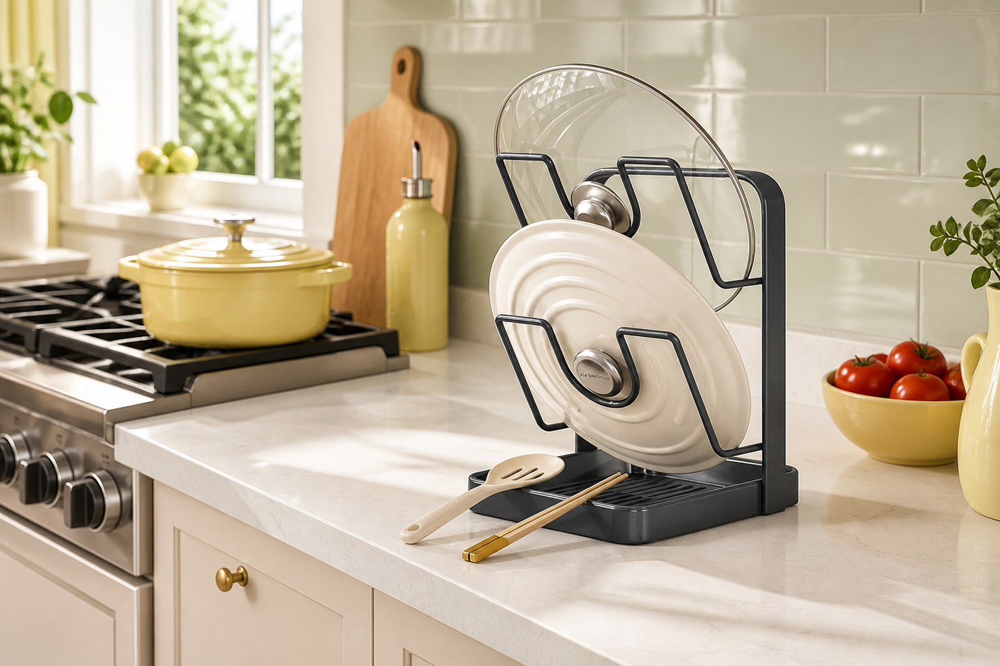 Easel Double tier pot lid rack holding two lids beside a bright sage kitchen range