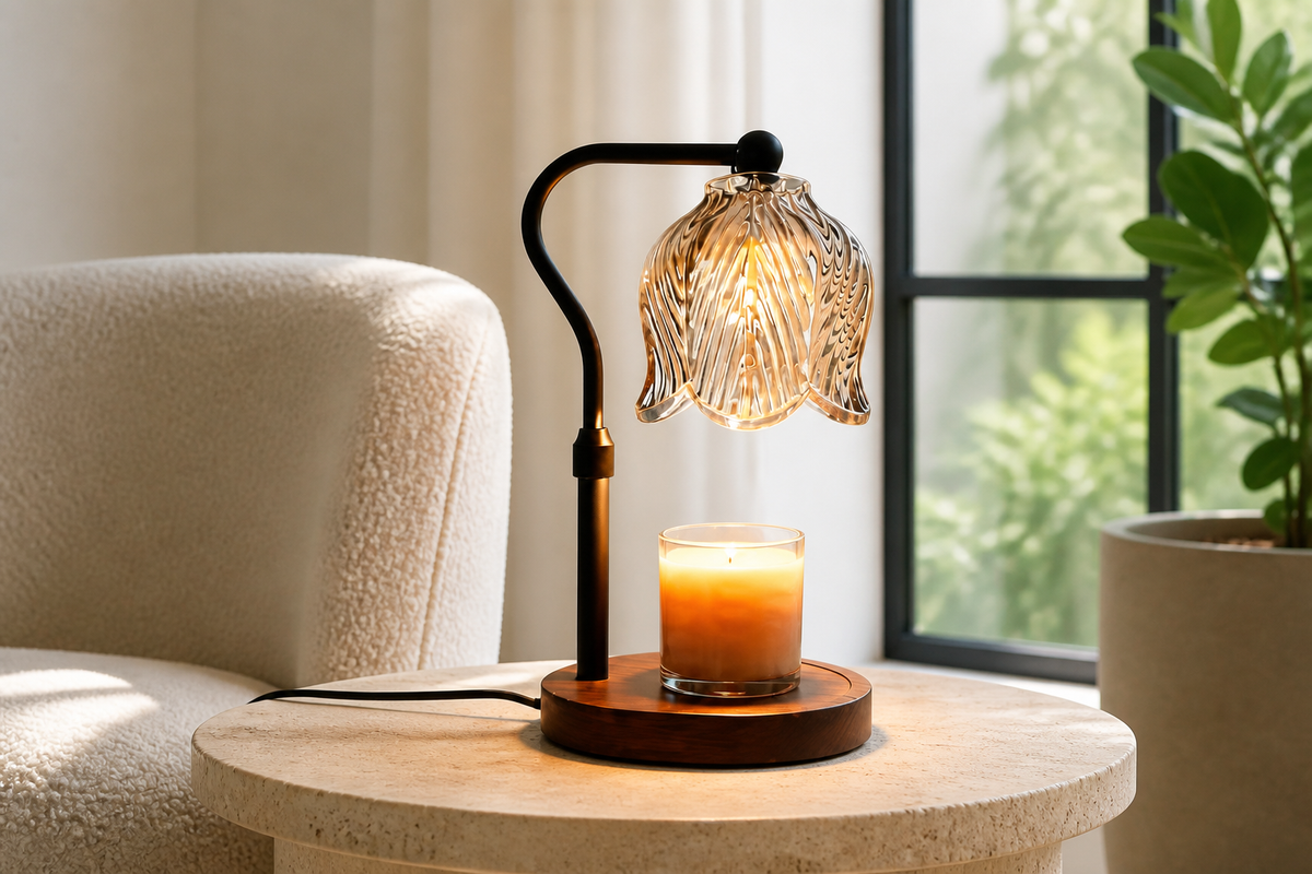 Black EmberGlow candle warmer lamp in a bright modern reading nook