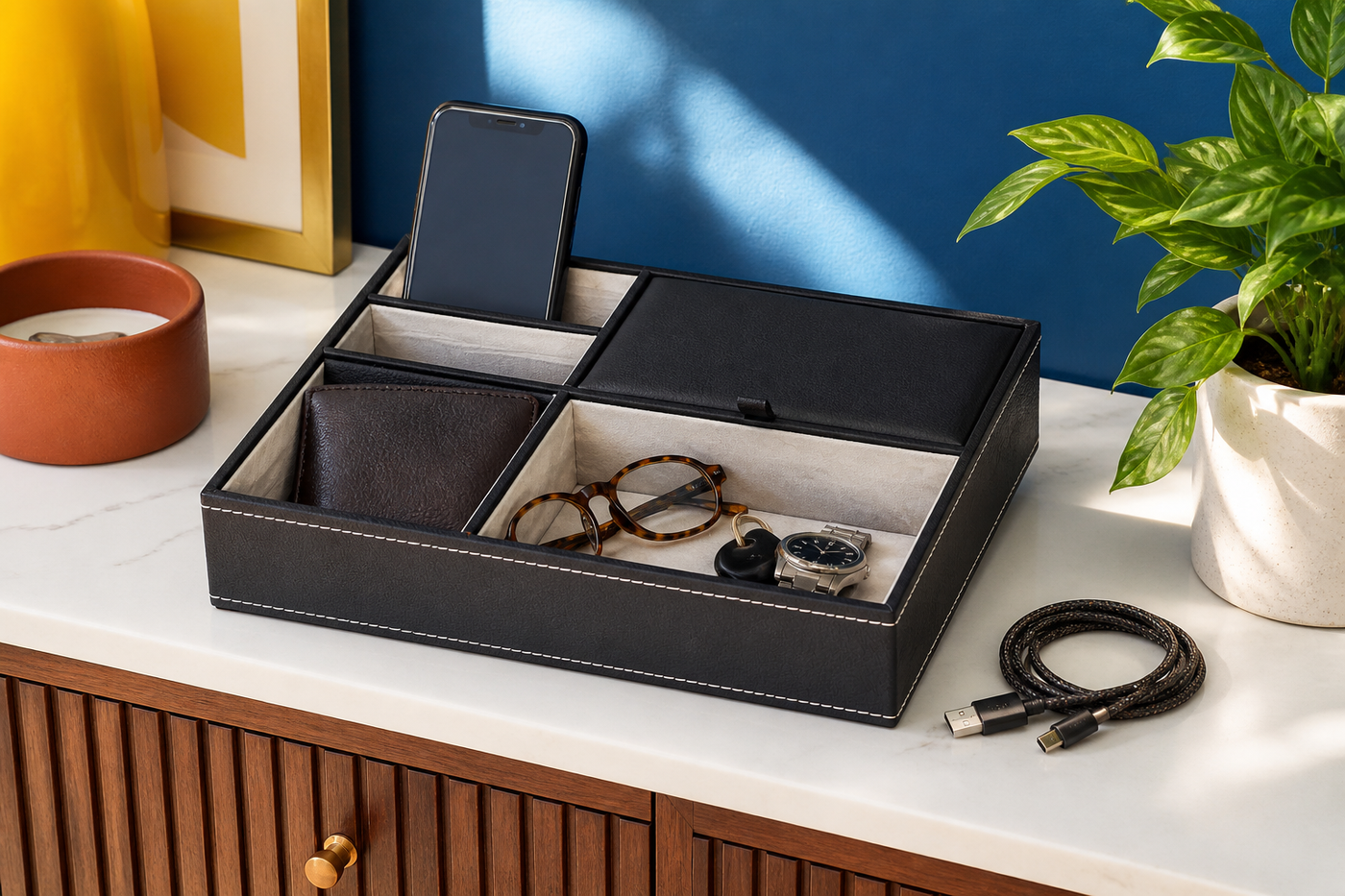 NightKeep valet organizer separating daily essentials on a colorful entry console