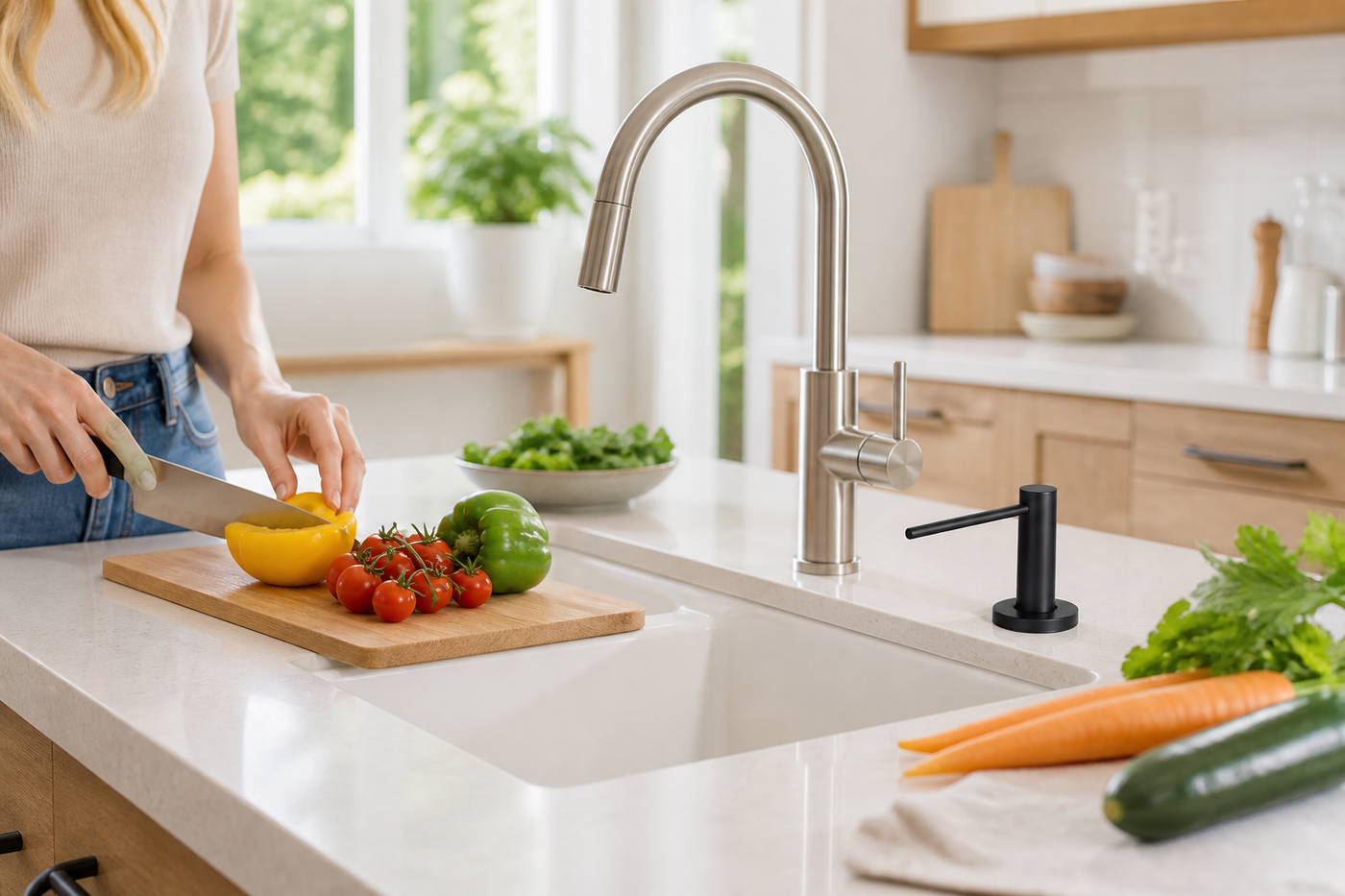 Font built-in soap dispenser beside a bright kitchen island sink during meal prep
