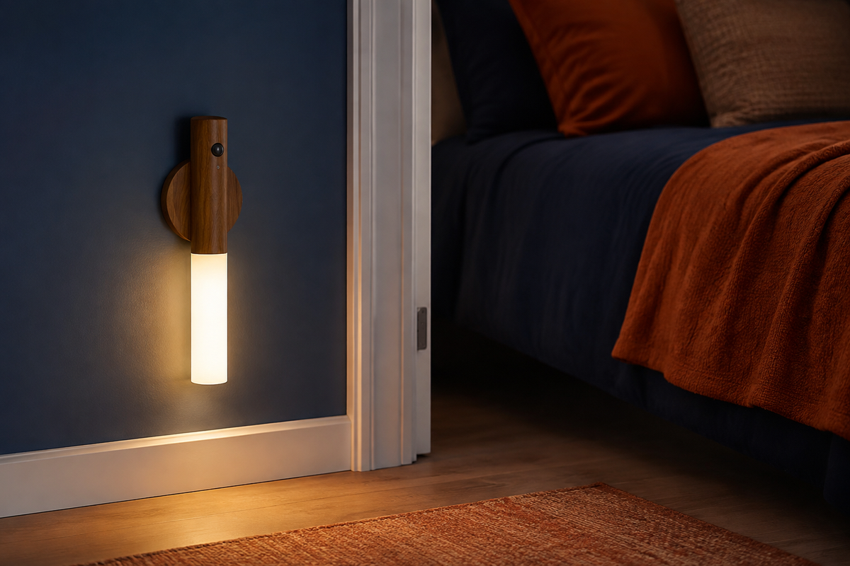 GlowSense Walnut motion light beside a bedroom doorway