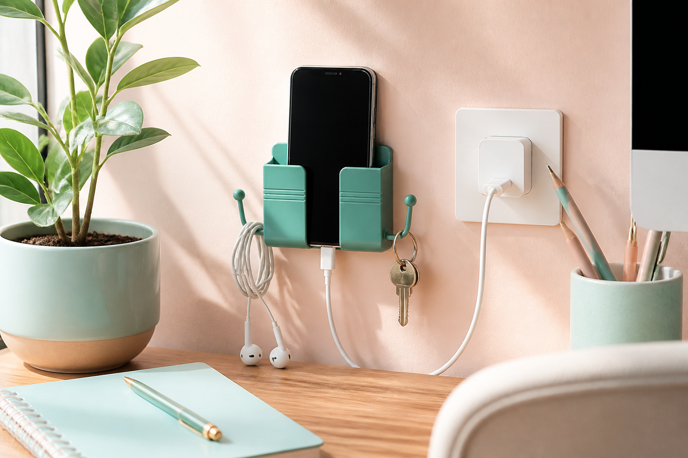 Green PlugPocket phone holder organizing a charging cable and keys above a desk