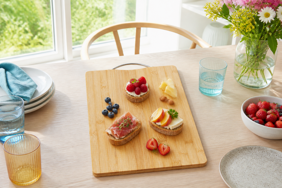 Grove bamboo cutting board serving a bright Scandinavian brunch
