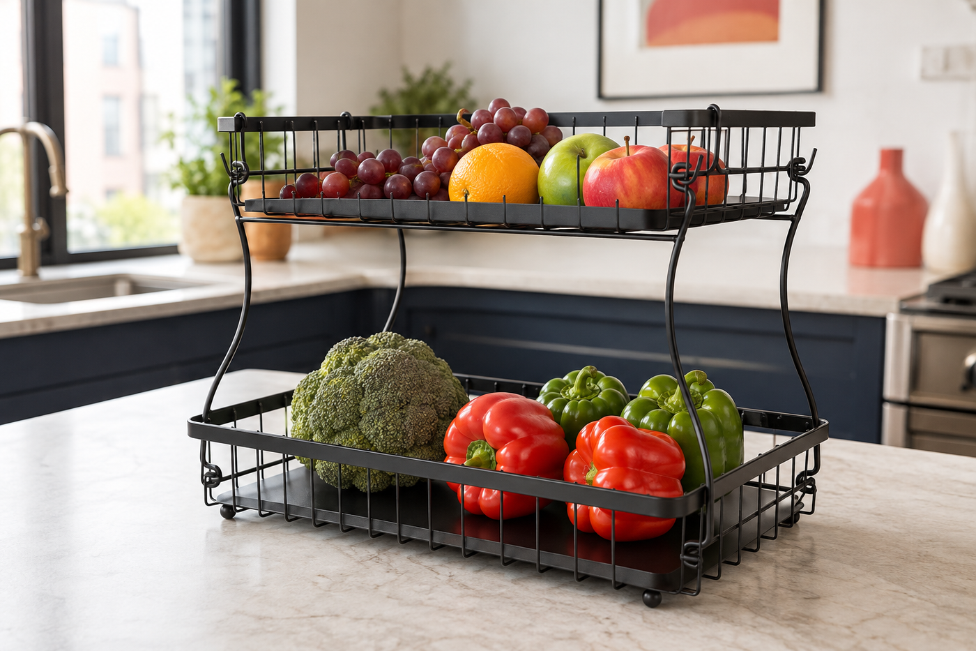 HarvestRise two-tier countertop produce basket organizing fruit above vegetables in a bright kitchen