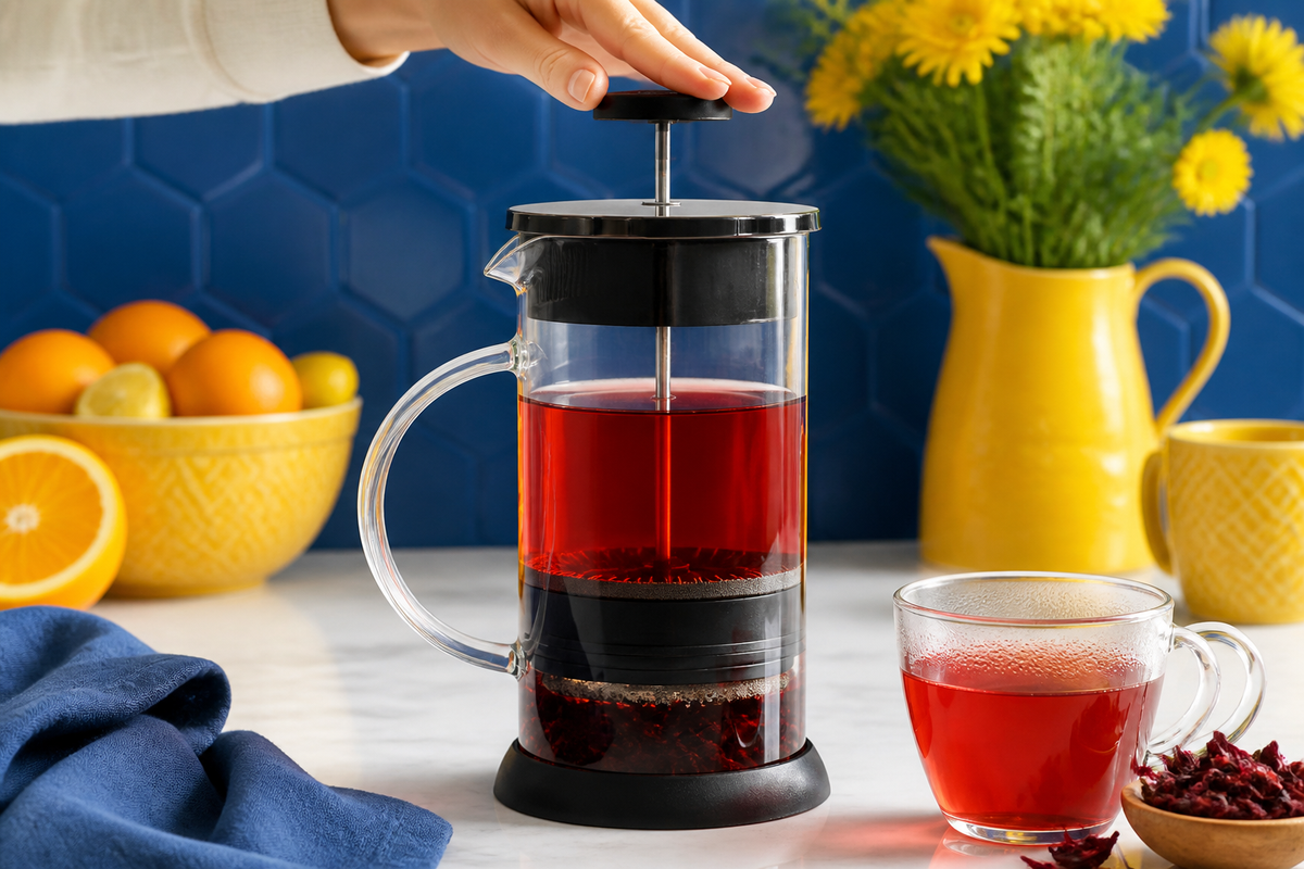 Hand pressing the Steep glass tea press to separate ruby hibiscus leaves in a bright blue kitchen