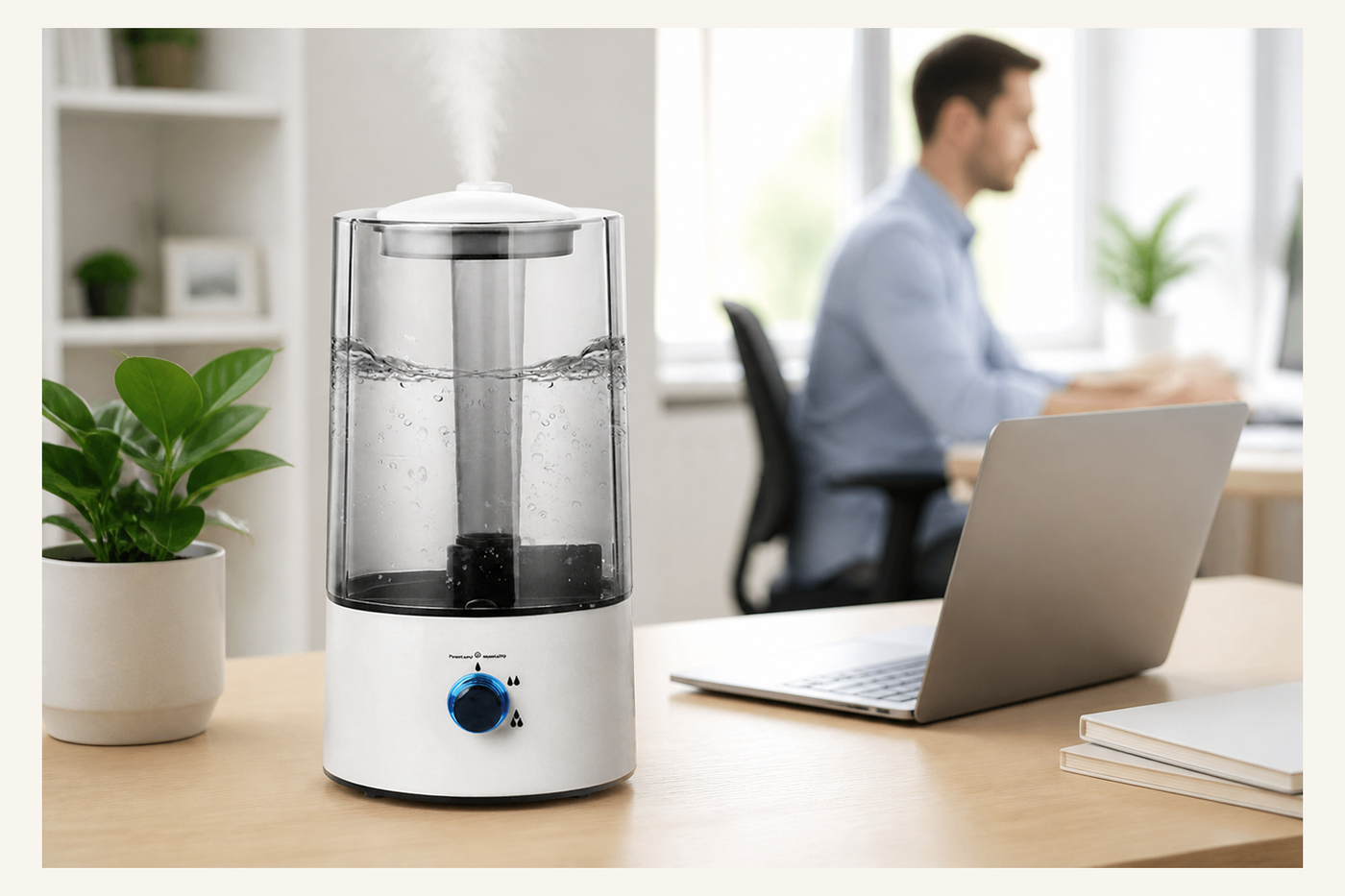 HushMist 4 L cool-mist humidifier on a bright home-office desk