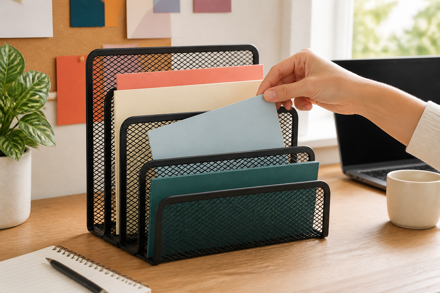 Hand placing a blue envelope into the SortRise four-slot mesh organizer