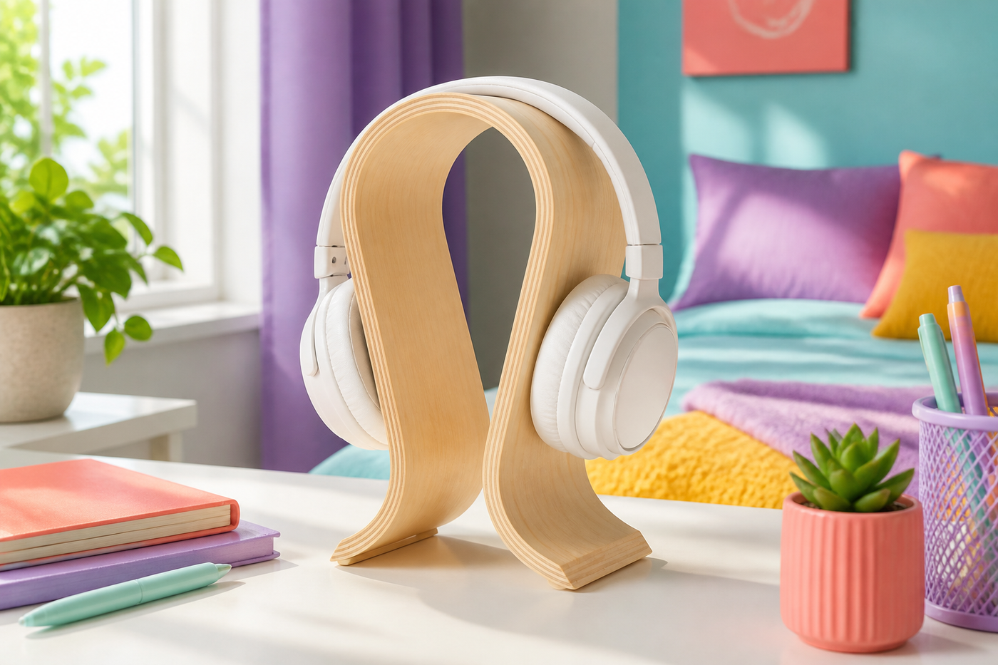 Khaki Arcwood curved wood headphone stand holding over-ear headphones on a bright bedroom desk