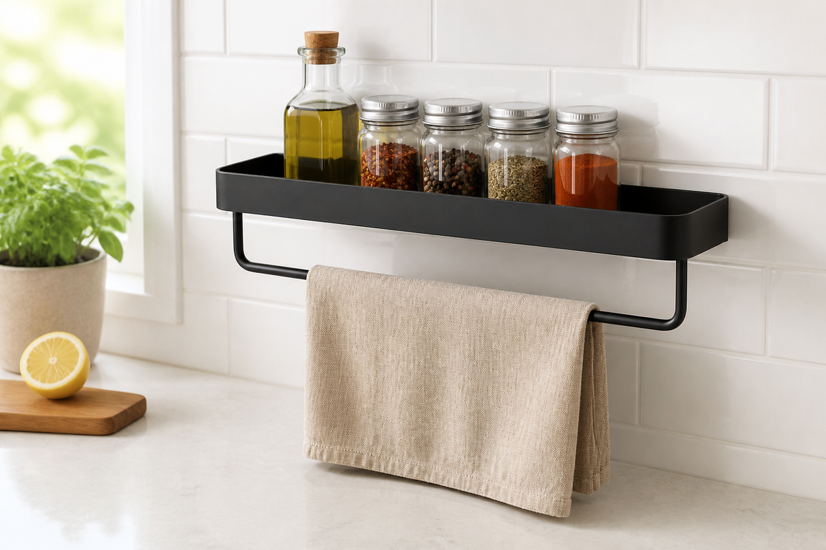 Ledge 50 cm wall shelf with towel bar in a bright kitchen