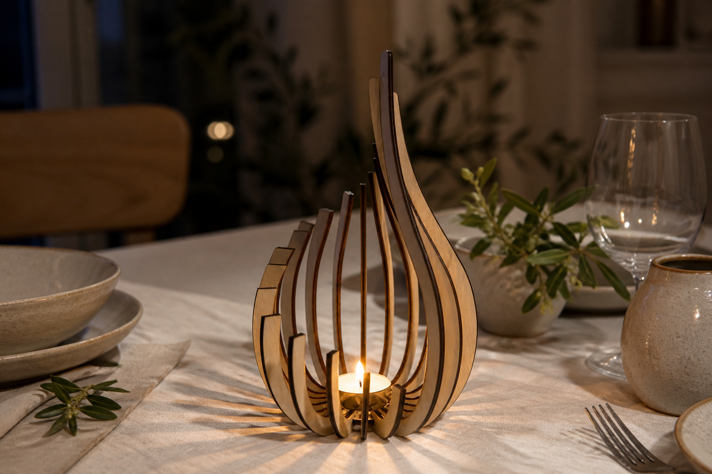 Medium LotusGlow wooden tealight holder styled on a neutral dining table
