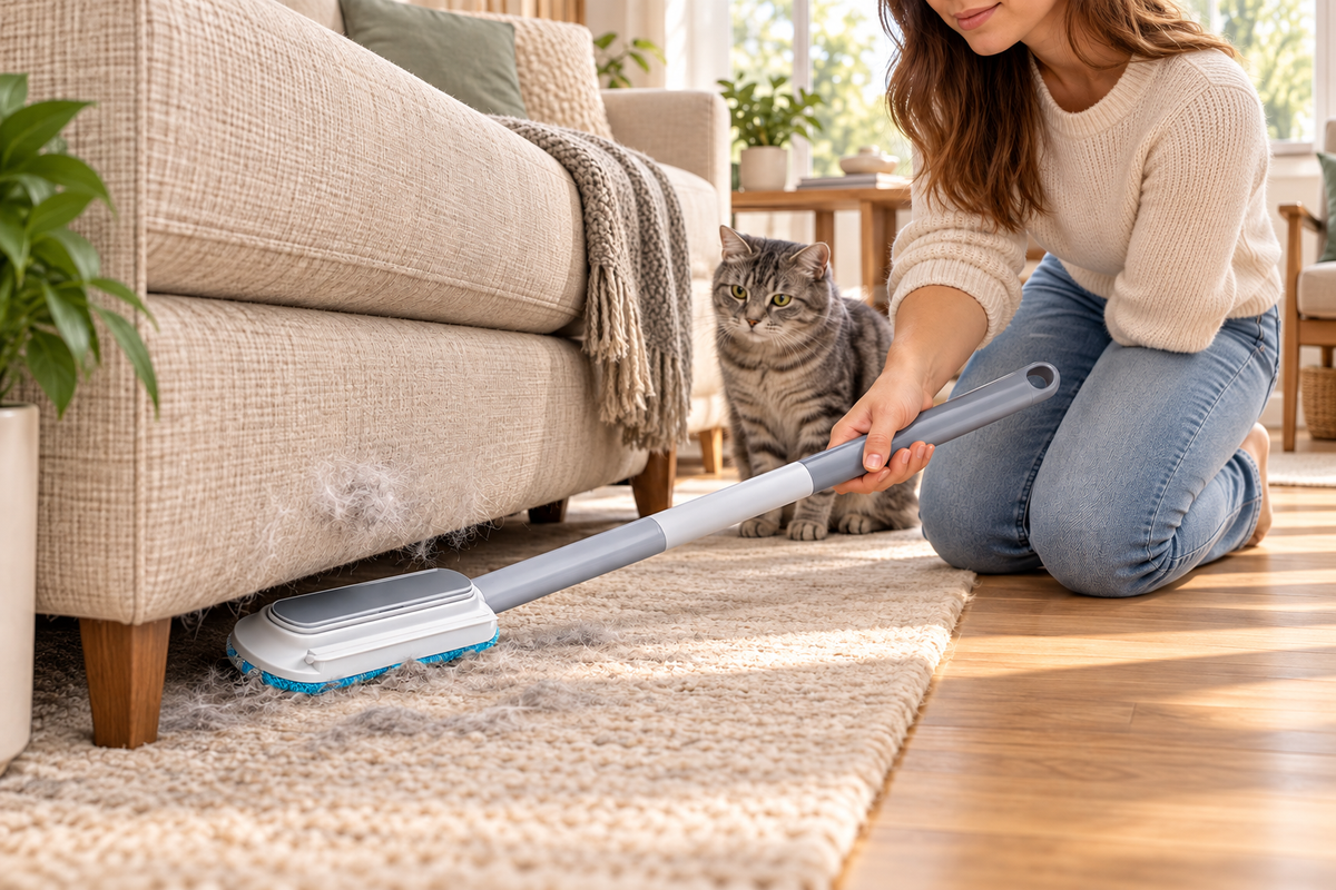 FurReach long-handle pet hair brush reaching beneath a sofa beside a cat