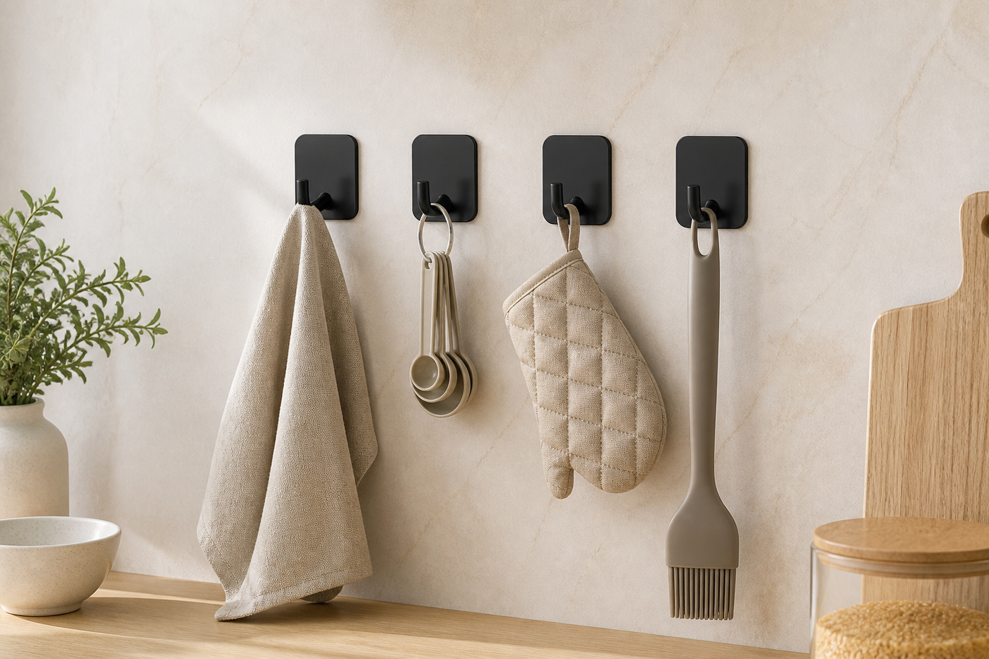ClingArc four-pack of matte-black adhesive utility hooks in a bright natural kitchen