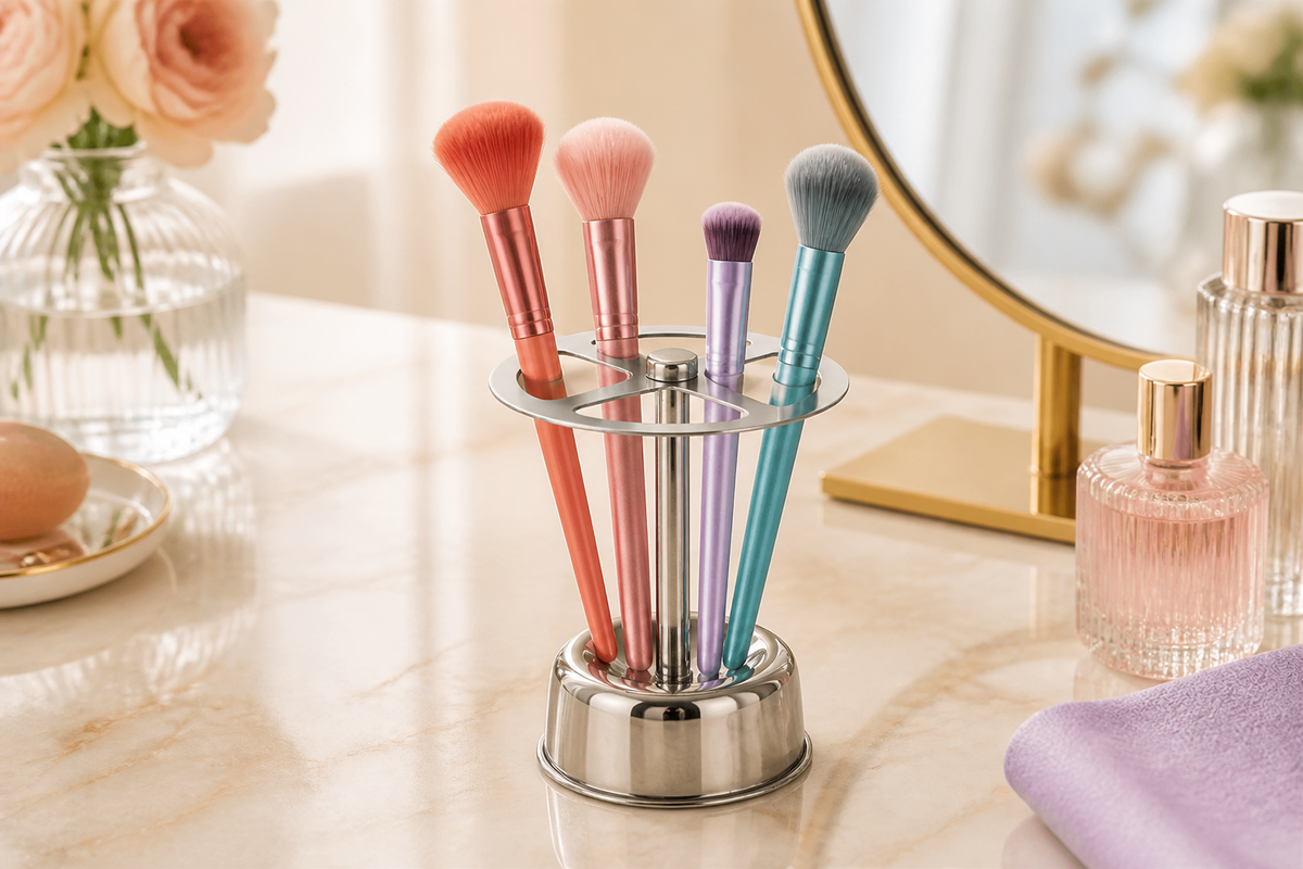 Lustre four-slot stainless-steel stand organizing colorful makeup brushes on a sunlit vanity