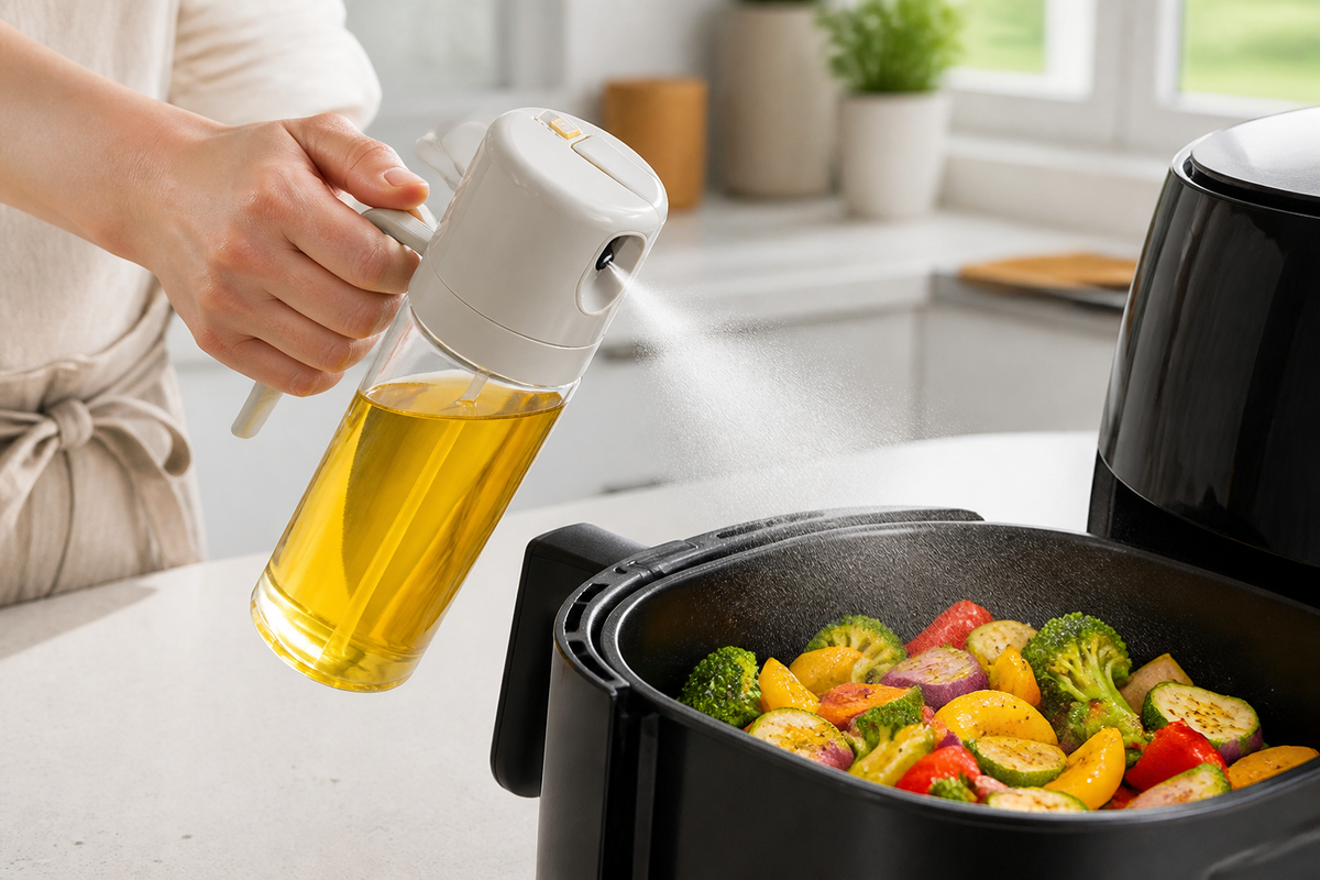 Fine cooking-oil mist coating vegetables in an air-fryer basket