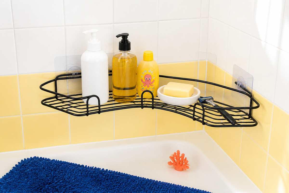Nook adhesive corner shelf holding family bath essentials in a sunny yellow bathroom