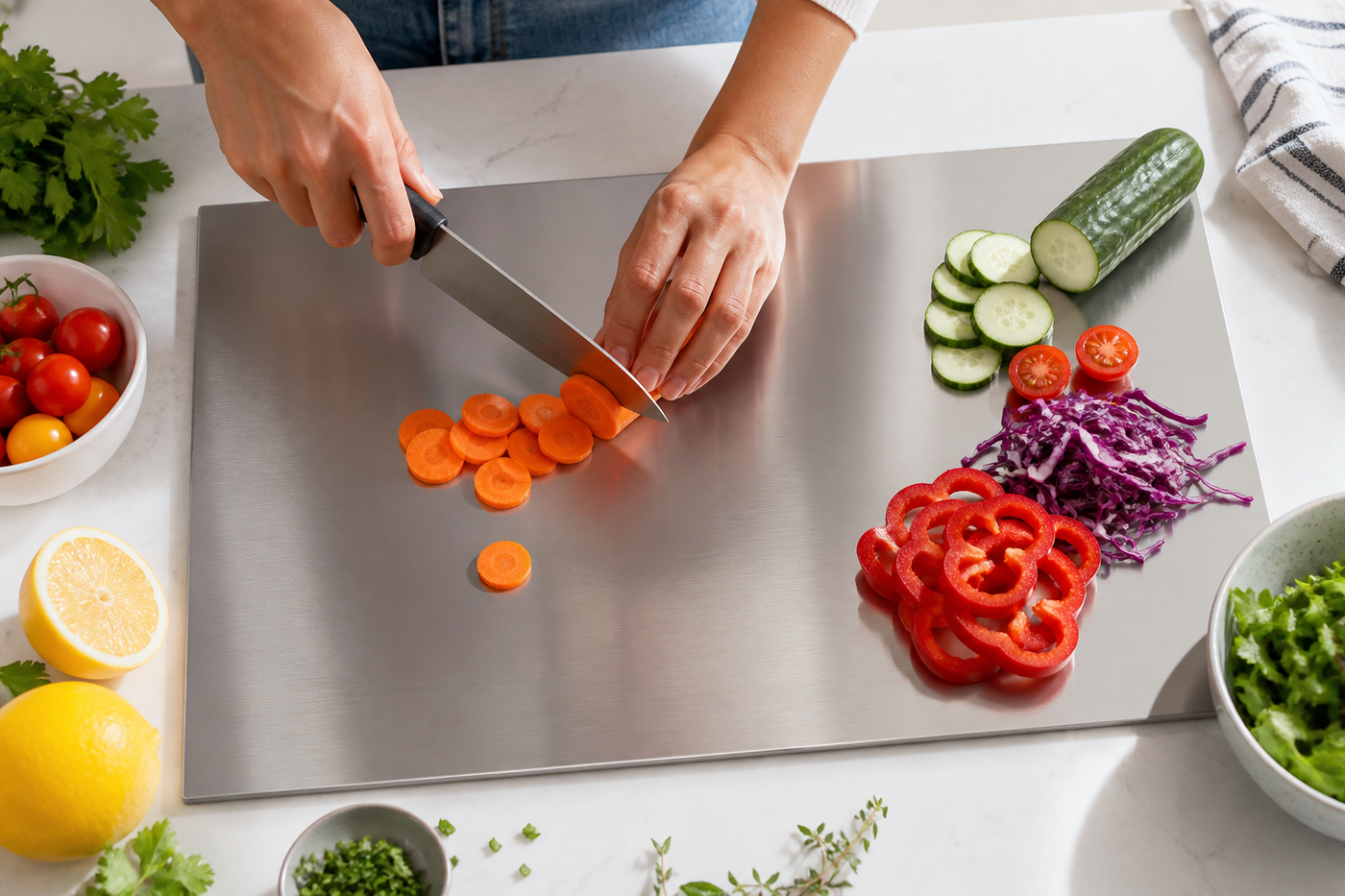 Overhead vegetable prep on the SteelSpan brushed stainless steel board