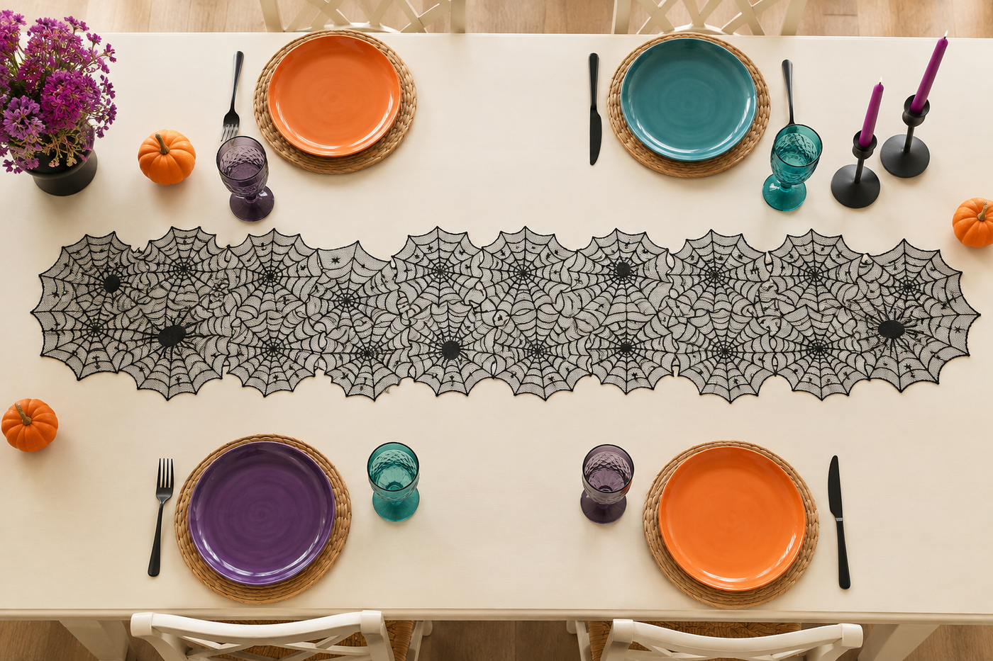Full 18 by 72 inch Webveil black lace table runner shown overhead with its long narrow spiderweb pattern visible