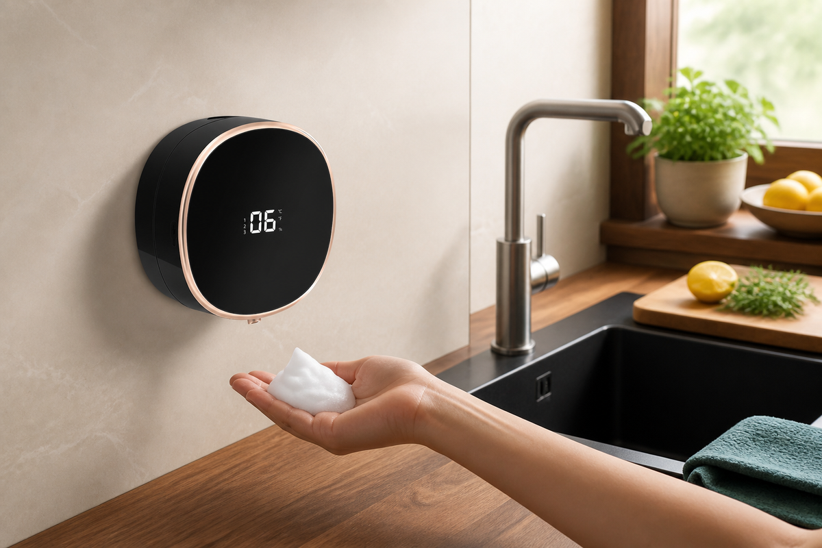 Black PalmSense touchless foaming soap dispenser in a bright modern kitchen