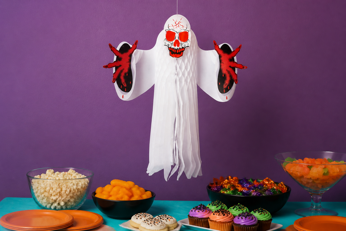 SkullReach hanging paper phantom above a bright Halloween snack table