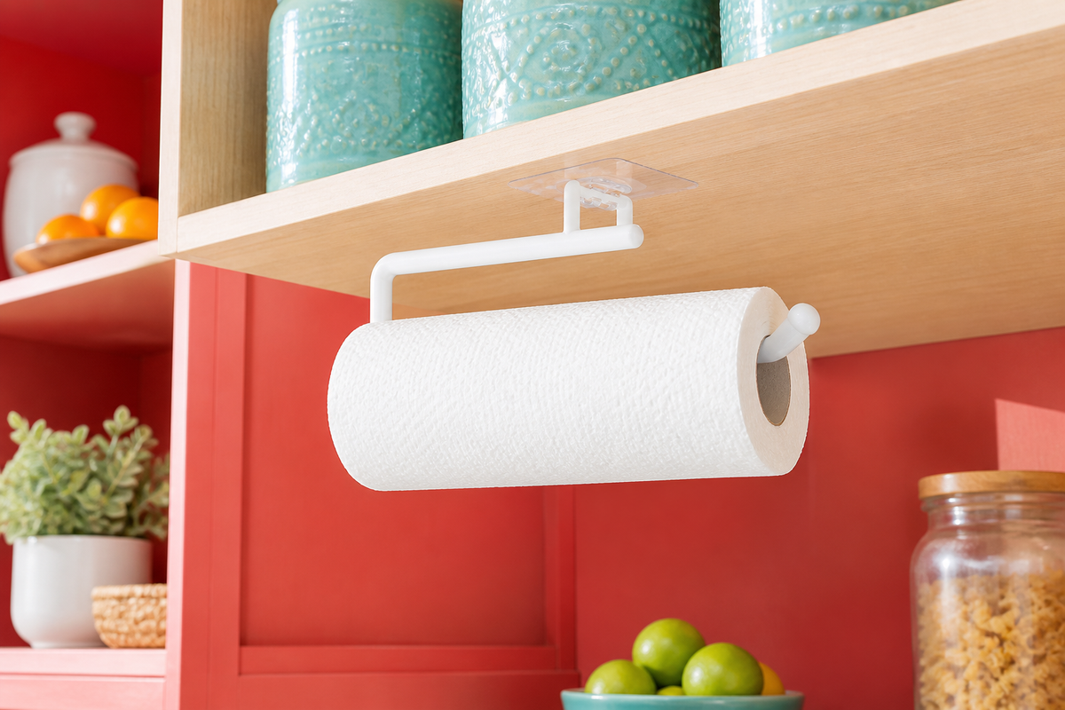 Perch large paper towel holder mounted beneath a vivid coral pantry shelf