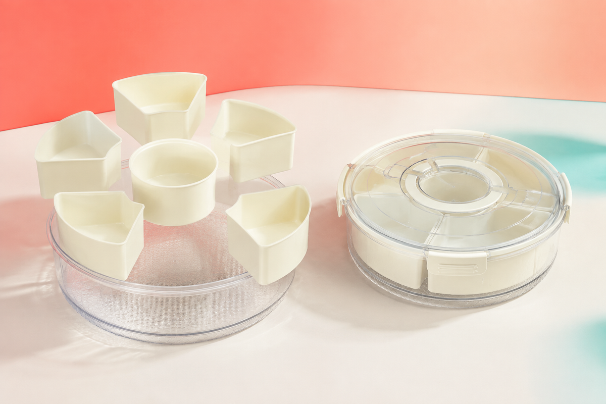 PetalSpin complete two-tray set showing five removable wedge bowls, center cup, clear rotating base, and latching lid