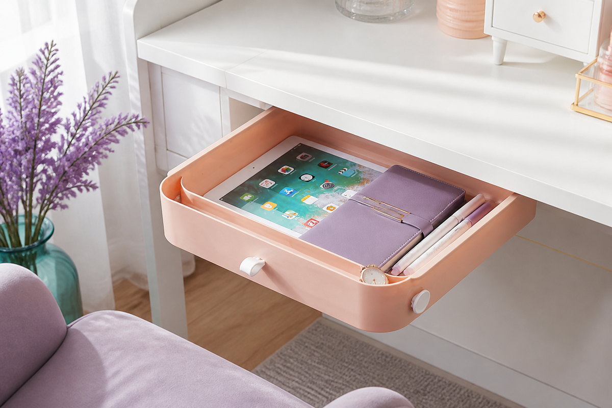Large Cherry Blossom Pink PocketGlide under-desk drawer organizing accessories at a sunny vanity