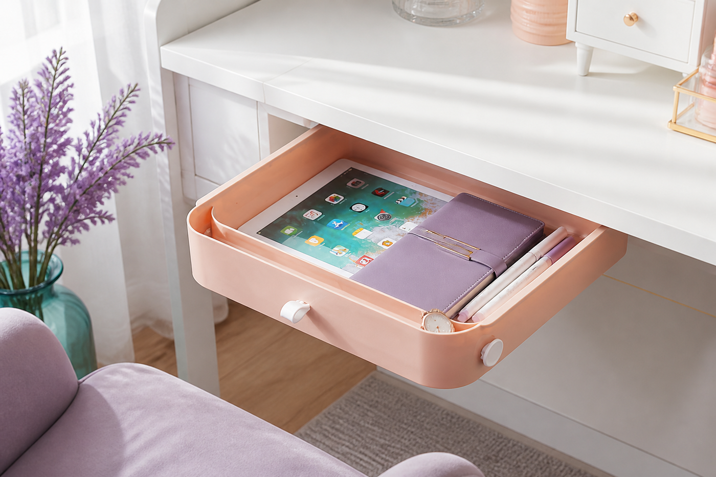 Large Cherry Blossom Pink PocketGlide under-desk drawer organizing accessories at a sunny vanity