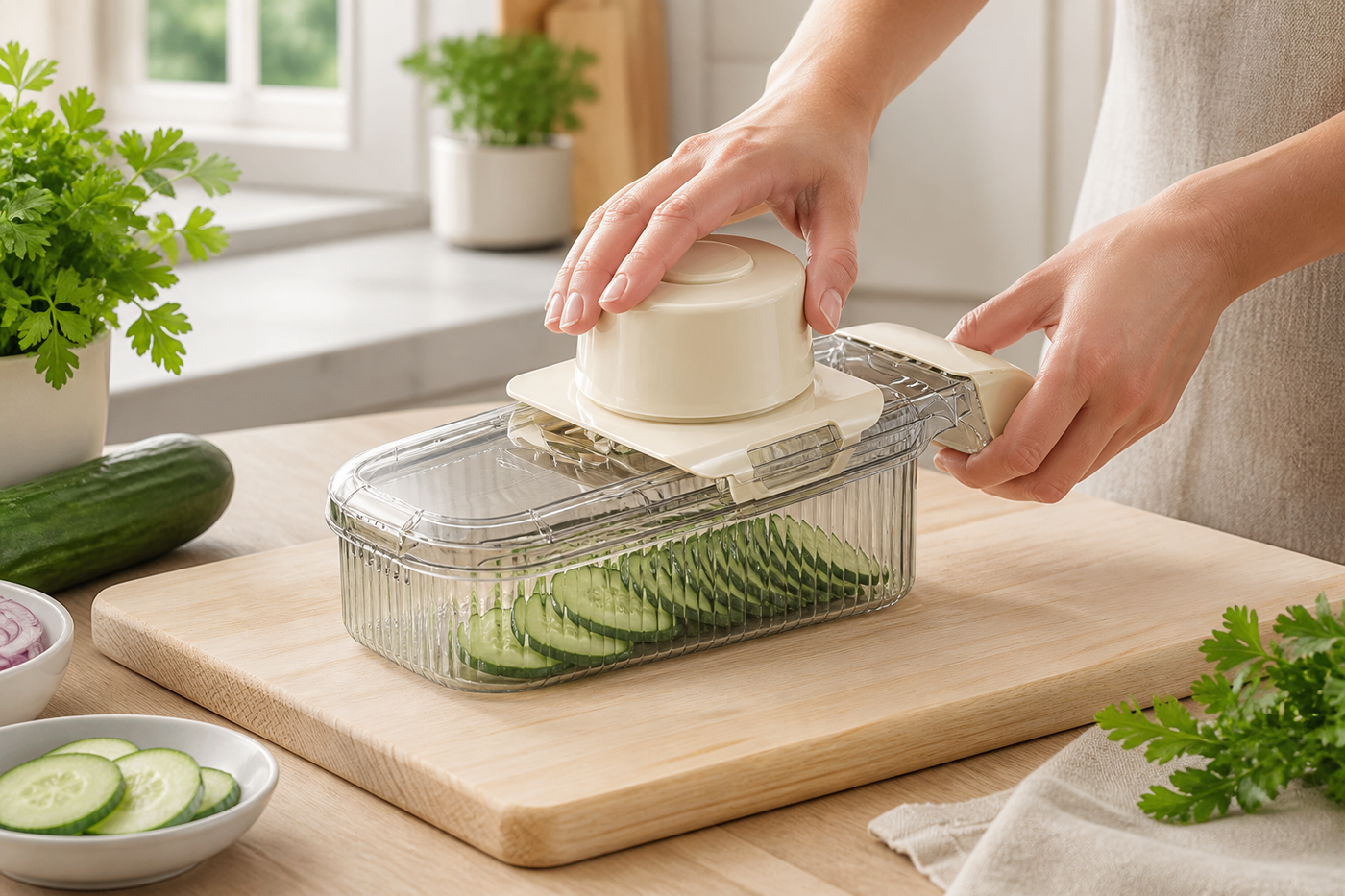 PrepPro vegetable slicer safely cutting cucumber into its clear catch container