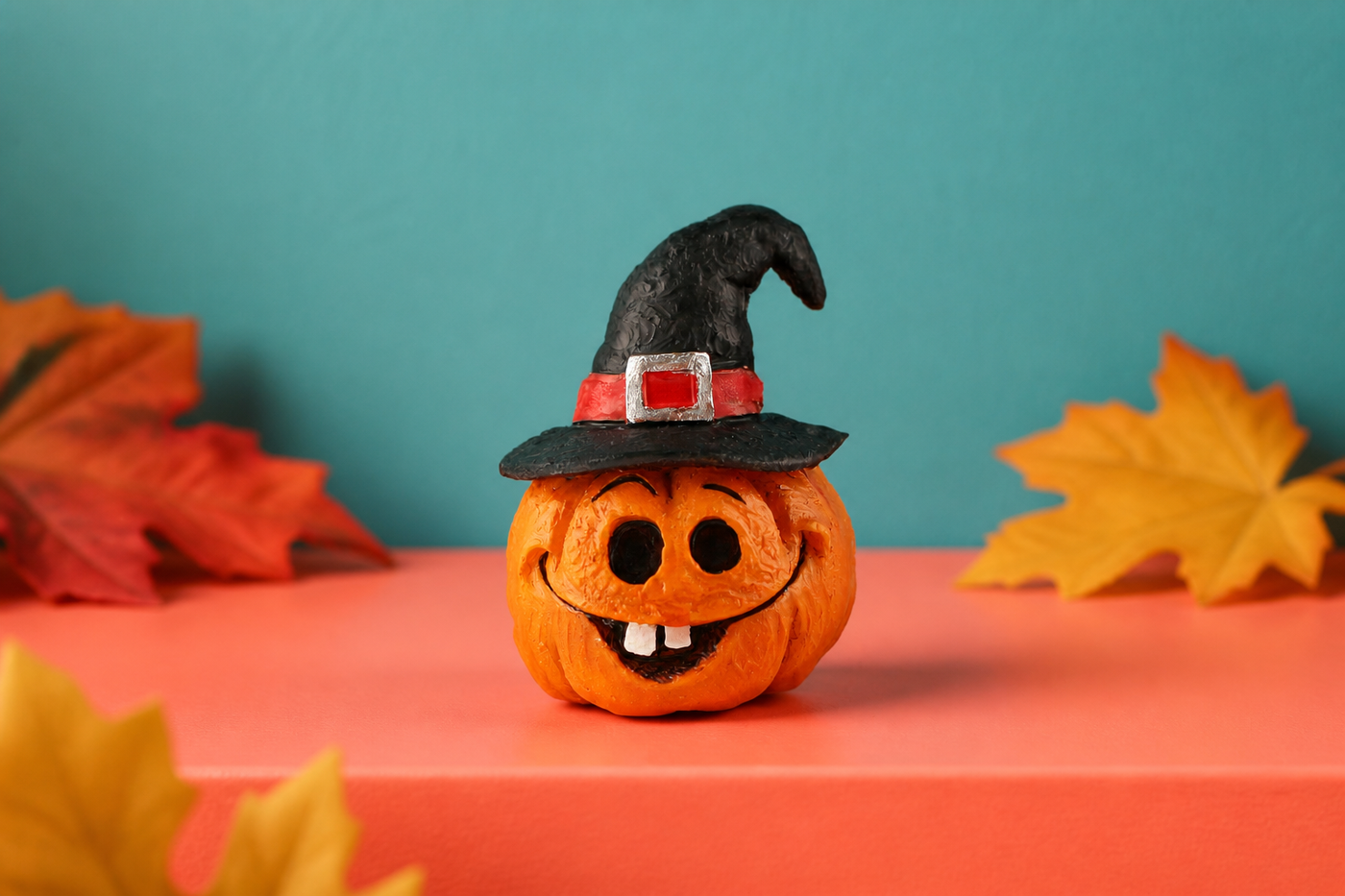 Spooklet orange pumpkin-head figurine with crooked black witch hat