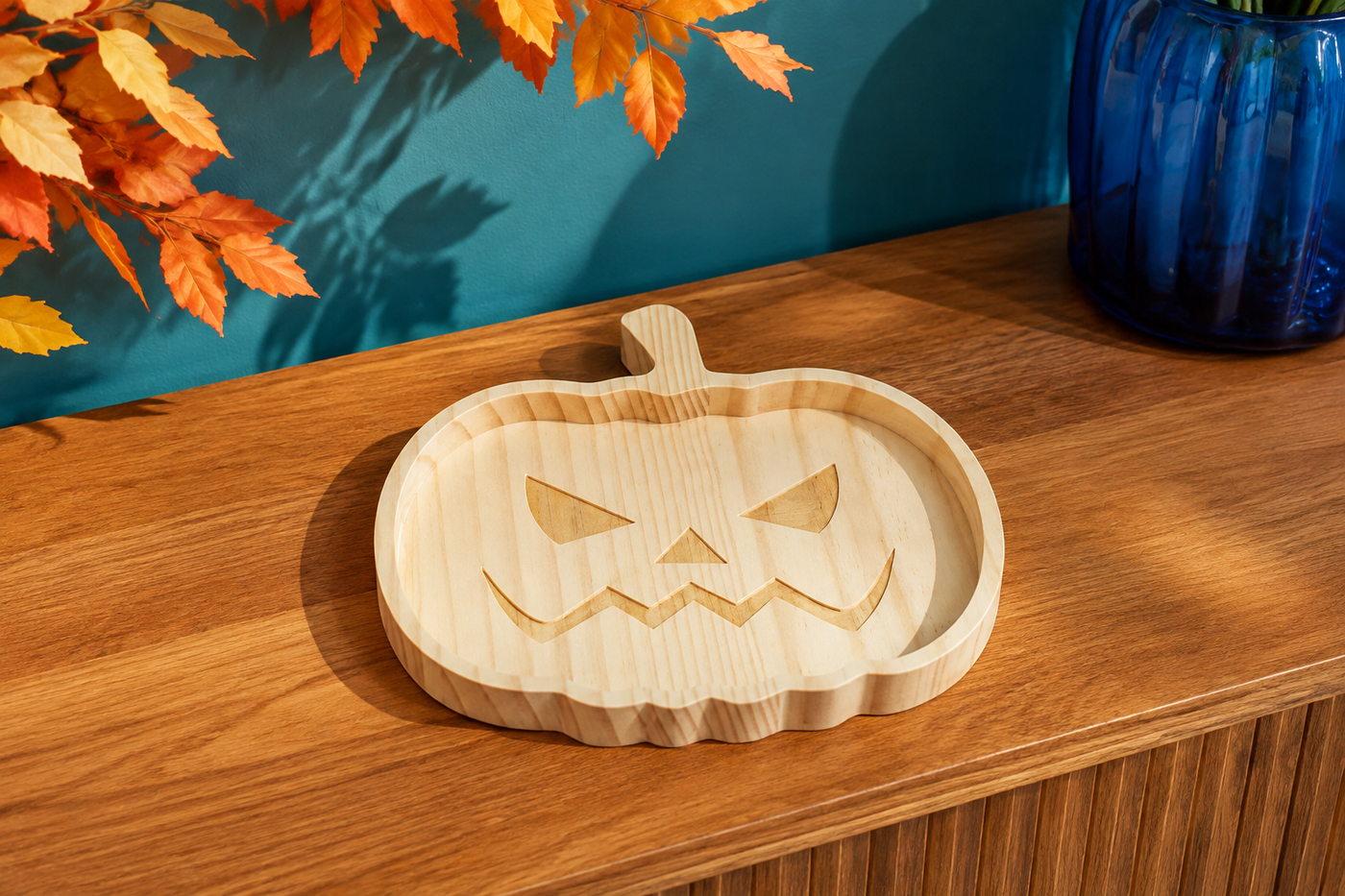 CarveGlow Pumpkin variant pale pine catchall tray with routed rim and carved jack-o-lantern face