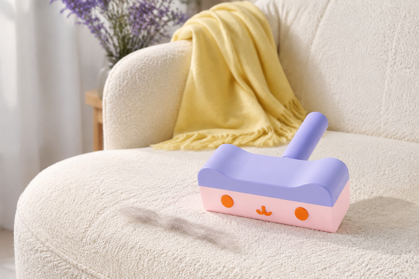 Purple and pink FurSweep pet hair roller on a cream chair in a colorful living room