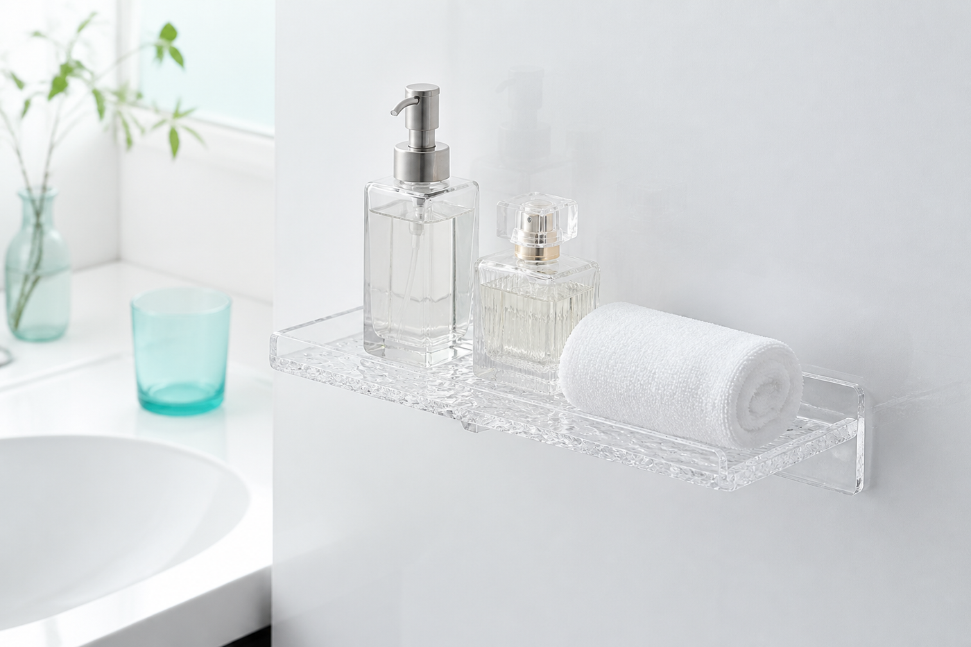 RippleClear clear water-ripple shelf beside a bright bathroom vanity