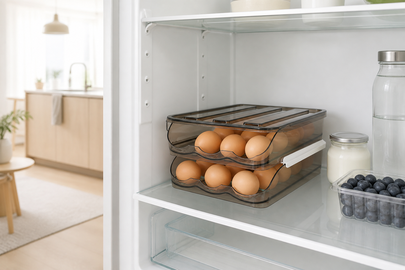Roost rolling egg organizer inside a compact apartment refrigerator