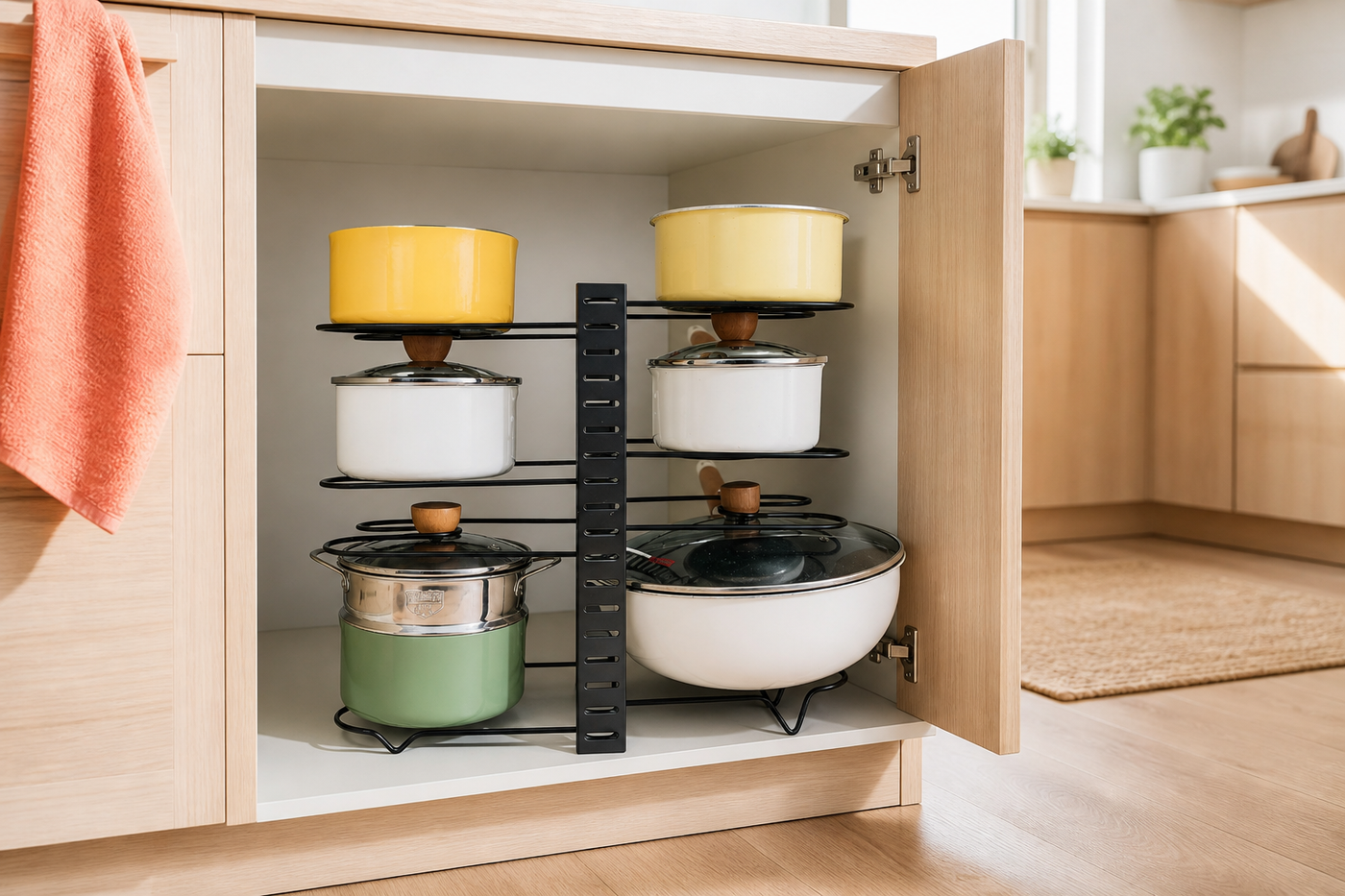 Rung two-sided pot and pan organizer fully framed inside a bright oak kitchen cabinet