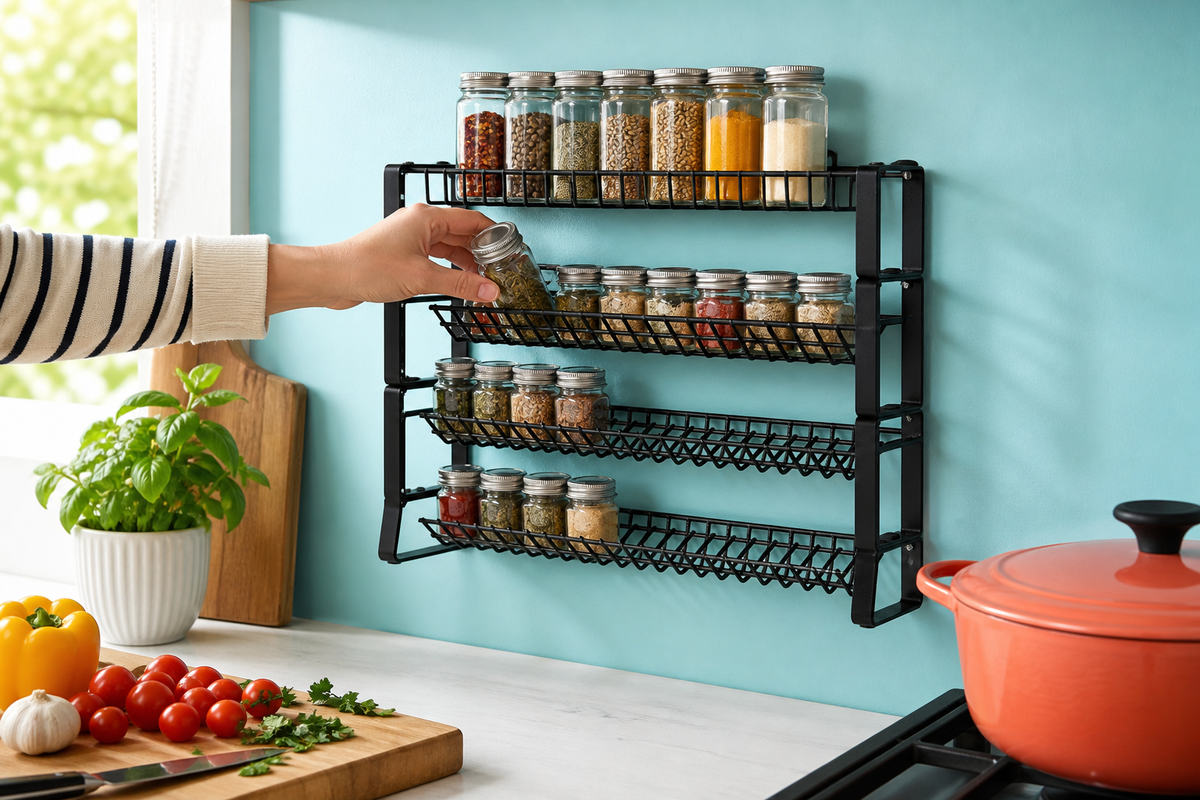Savor modular spice rack wall-mounted in a bright aqua kitchen while a cook selects a spice jar