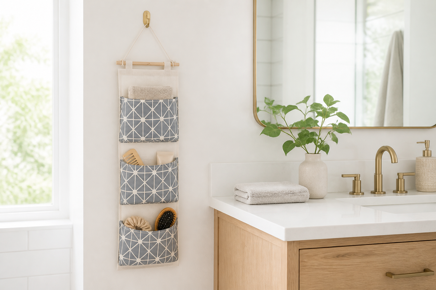 Sill three-pocket organizer beside a bright bathroom vanity