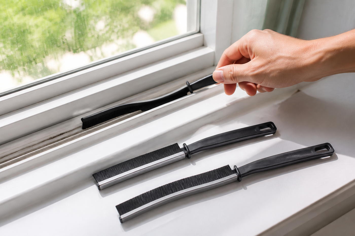 Sliver ultra-narrow crevice brush cleaning a bright window track