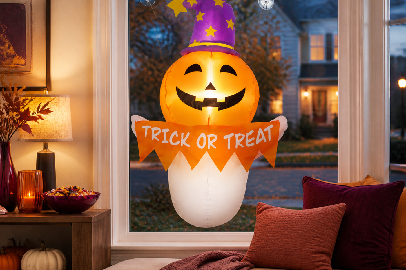 SpellGlow Halloween inflatable secured inside a living-room window with suction cups and drawstring