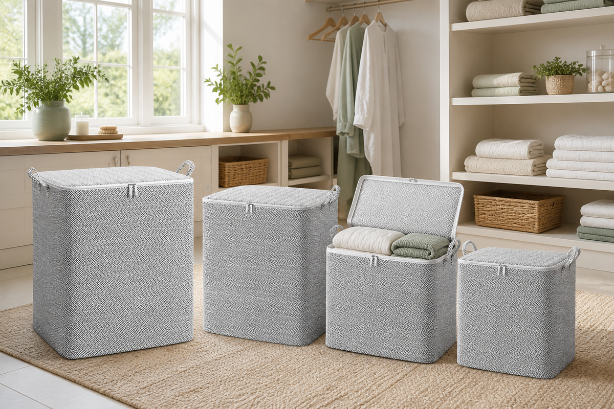 Stow 30, 110, 150 and 220 litre storage bags organizing linens in a bright laundry room