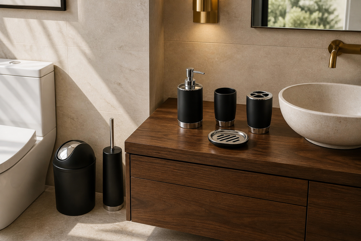 Black Suite six-piece bathroom set in a walnut and limestone powder room