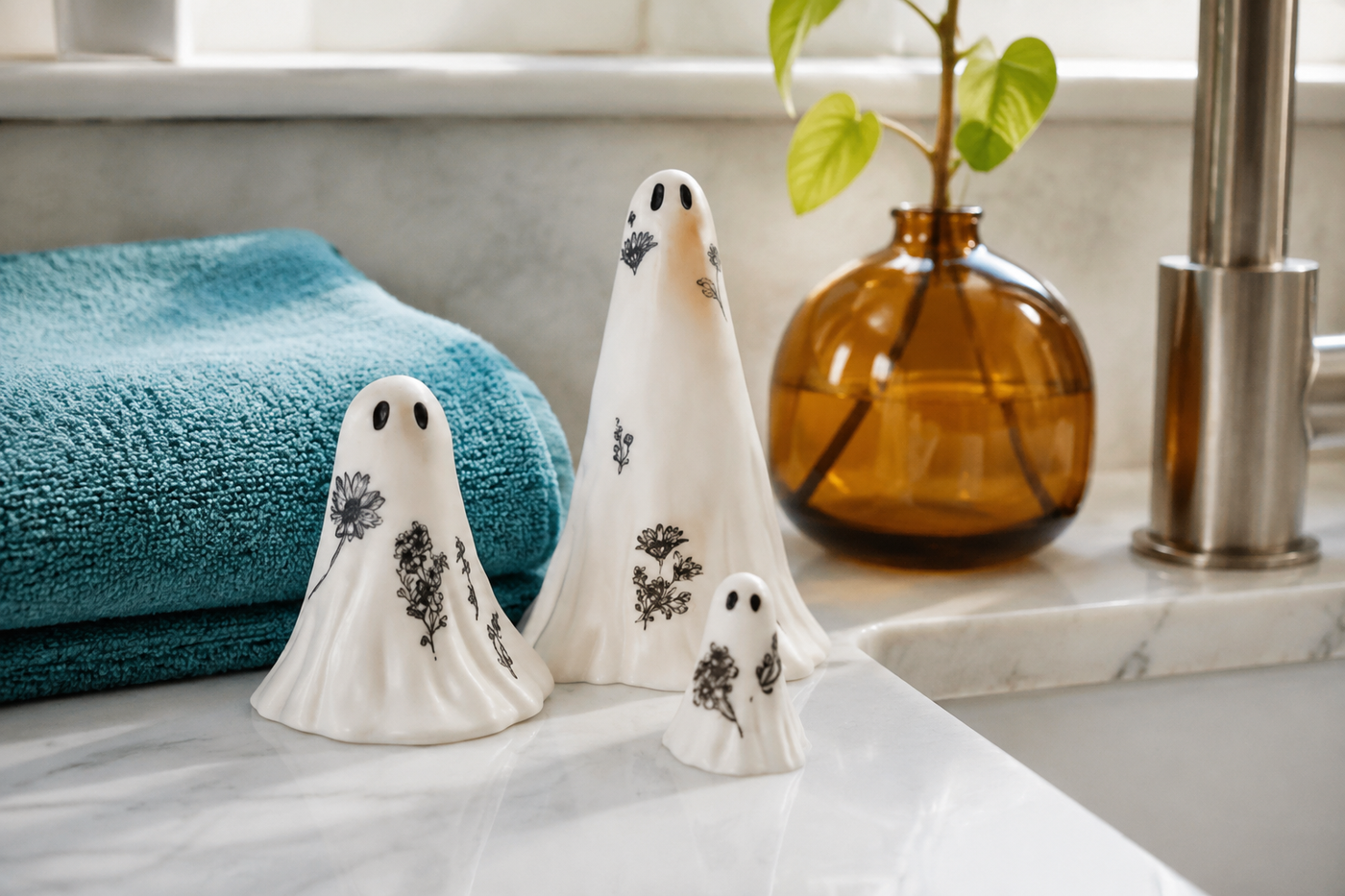 Three-piece BotaniBoo ghost figurine set on a bright bathroom vanity