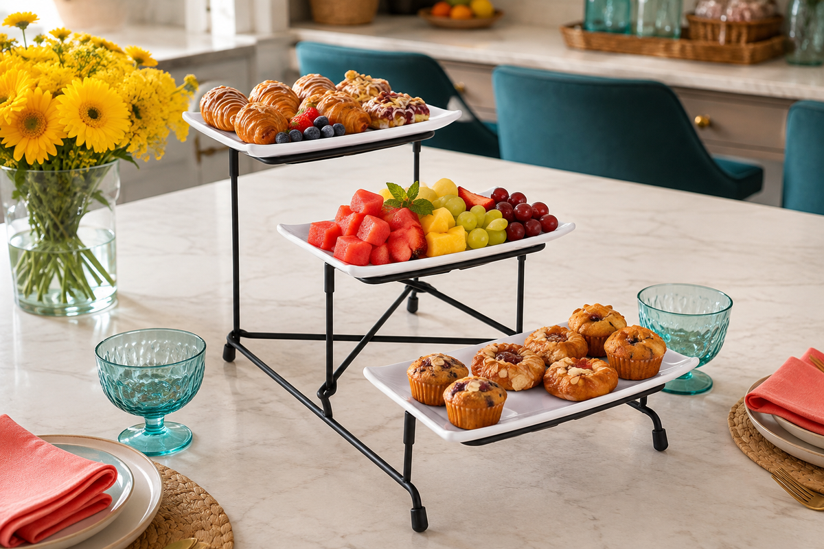 TierBloom black stair-step serving stand with pastries and fruit on a colorful weekend brunch table