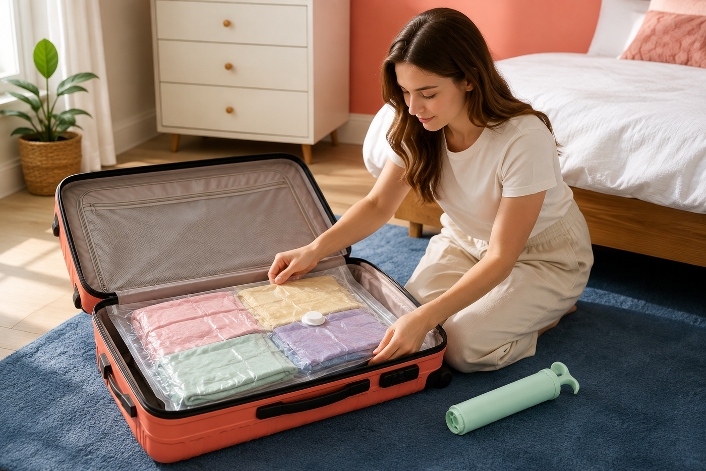SealSpace travel vacuum bag compressing clothing in an open colorful suitcase