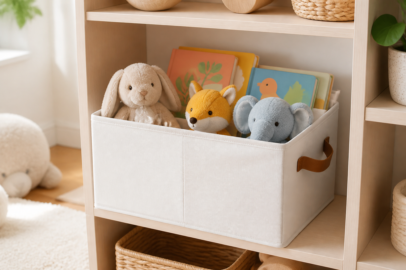 Tuck foldable storage bin organizing colorful books and toys in a bright nursery cubby