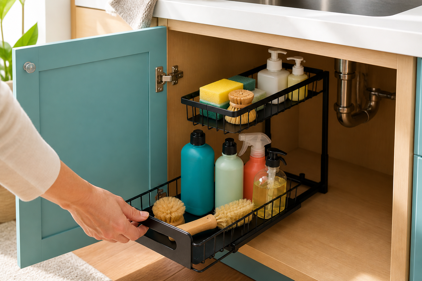 UnderStack lower drawer pulled forward inside a colorful kitchen sink cabinet