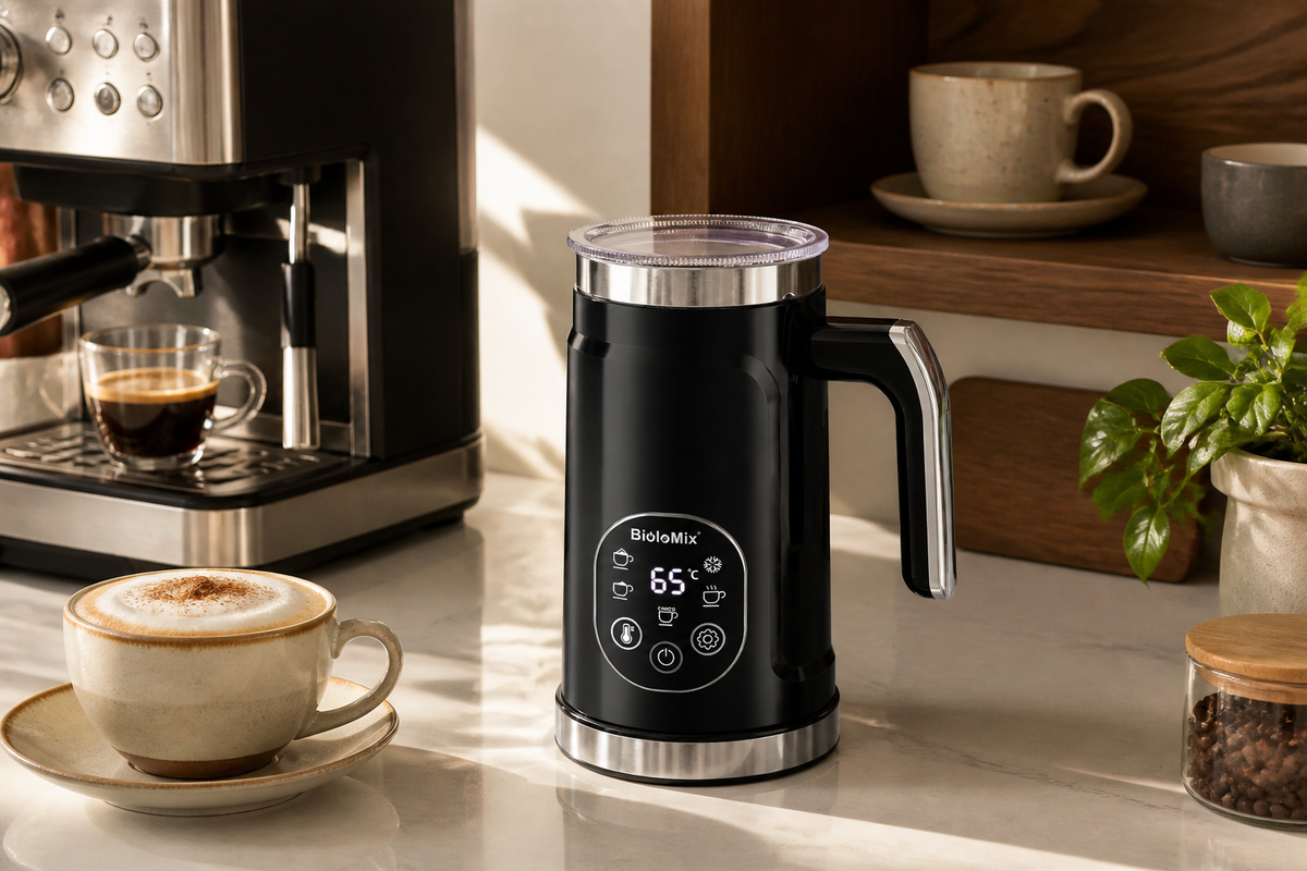 Black VelvetFroth five-mode milk frother on a warm walnut home coffee bar
