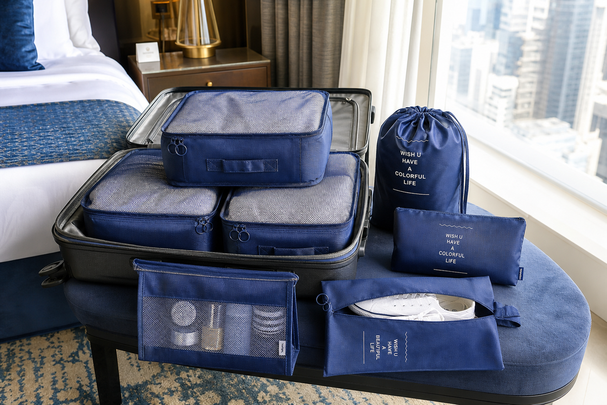 Navy Voyage packing organizers arranged for a business trip in a hotel room