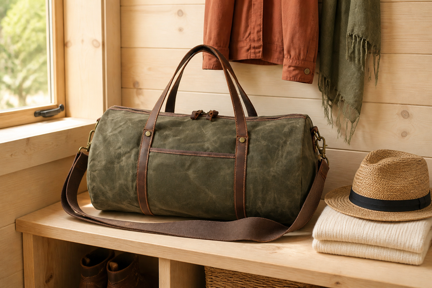 Green Wayfarer canvas weekender duffel with detachable shoulder strap in a bright cabin