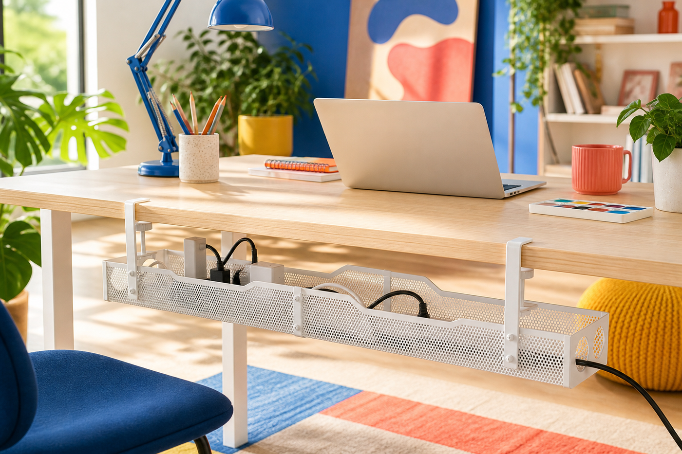 White UnderRail perforated cable-management tray in use beneath a colorful creative-studio desk